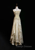 Gold A-Line Spaghetti Strap Satin Lace Prom Dresses Long With Beaded Appliques