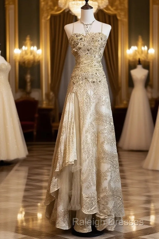 Gold A-Line Spaghetti Strap Satin Lace Prom Dresses Long With Beaded Appliques