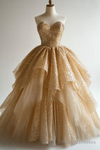 Gold A-Line Sweetheart Tulle Sequin Long Ball Gown, Elegant Evening Dress