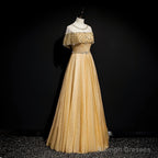 Gold A-Line Tulle Beading Sequins Prom Dresses Long Lotus Leaf Sleeve Prom Dresses