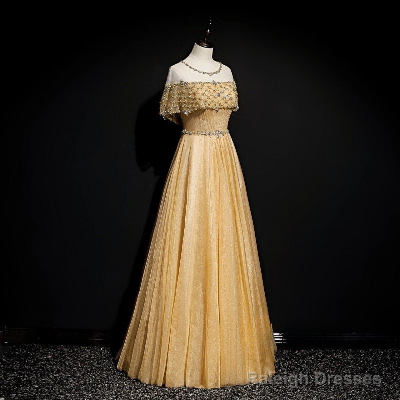 Gold A-Line Tulle Beading Sequins Prom Dresses Long Lotus Leaf Sleeve Prom Dresses