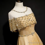 Gold A-Line Tulle Beading Sequins Prom Dresses Long Lotus Leaf Sleeve Prom Dresses