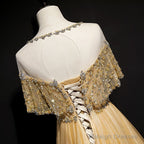Gold A-Line Tulle Beading Sequins Prom Dresses Long Lotus Leaf Sleeve Prom Dresses