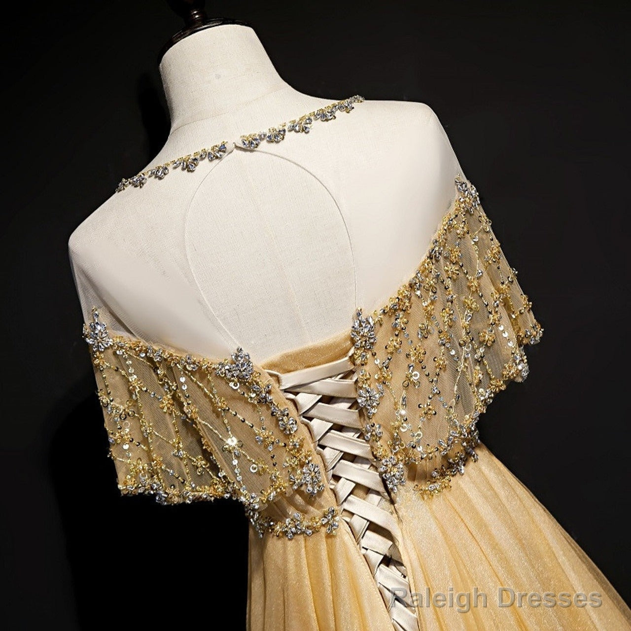 Gold A-Line Tulle Beading Sequins Prom Dresses Long Lotus Leaf Sleeve Prom Dresses