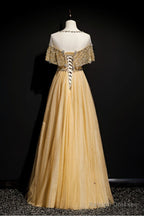 Gold A-Line Tulle Beading Sequins Prom Dresses Long Lotus Leaf Sleeve Prom Dresses