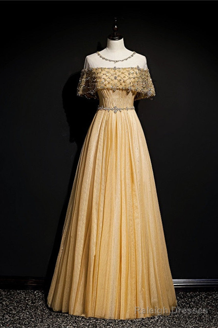 Gold A-Line Tulle Beading Sequins Prom Dresses Long Lotus Leaf Sleeve Prom Dresses