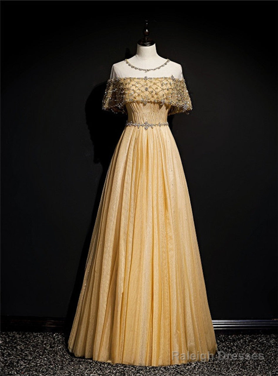 Gold A-Line Tulle Beading Sequins Prom Dresses Long Lotus Leaf Sleeve Prom Dresses