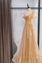 Gold Aline Tulle V Neck Long Prom Dress, Gold Formal Dresses