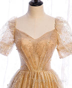 Gold Aline Tulle V Neck Long Prom Dress, Gold Formal Dresses