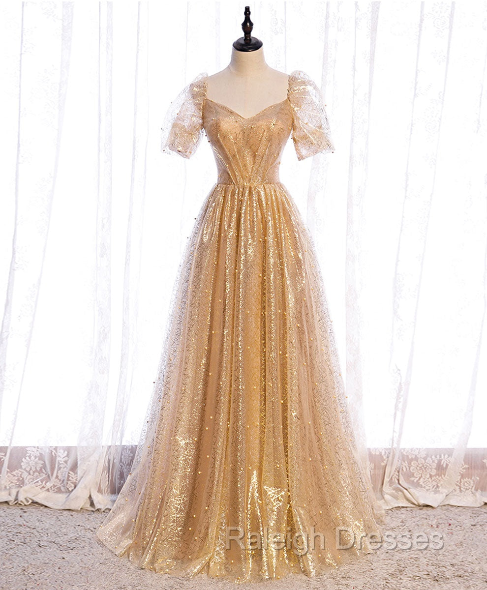 Gold Aline Tulle V Neck Long Prom Dress, Gold Formal Dresses Main image