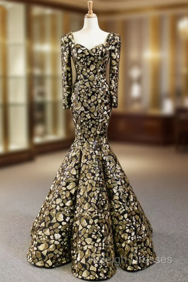 Gold And Black Sequins Mermaid Long Sleeve Square Prom Dress