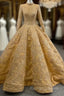 Gold Appliques Sequins High Neck Long Sleeve Prom Dress