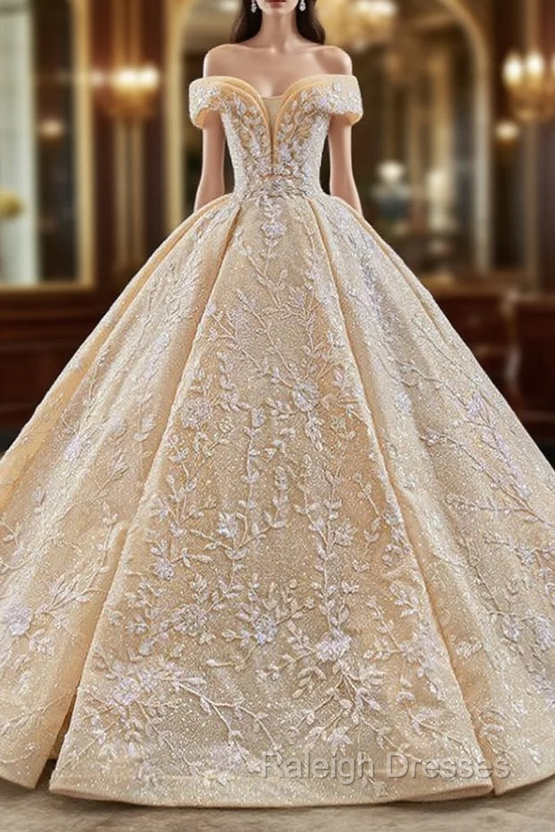 Gold Ball Gown Sequins Beading Off the Shoulder Prom Dress