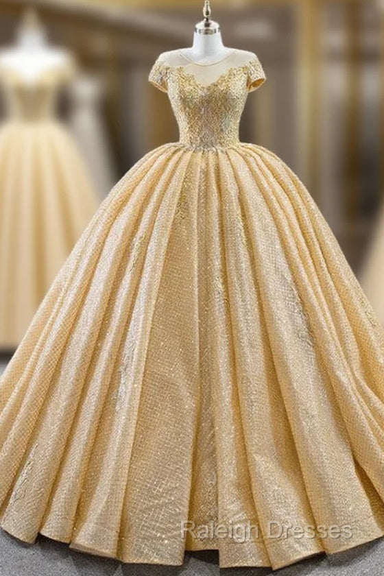 Gold Ball Gown Sequins Cap Sleeve Appliques Prom Dress Main image