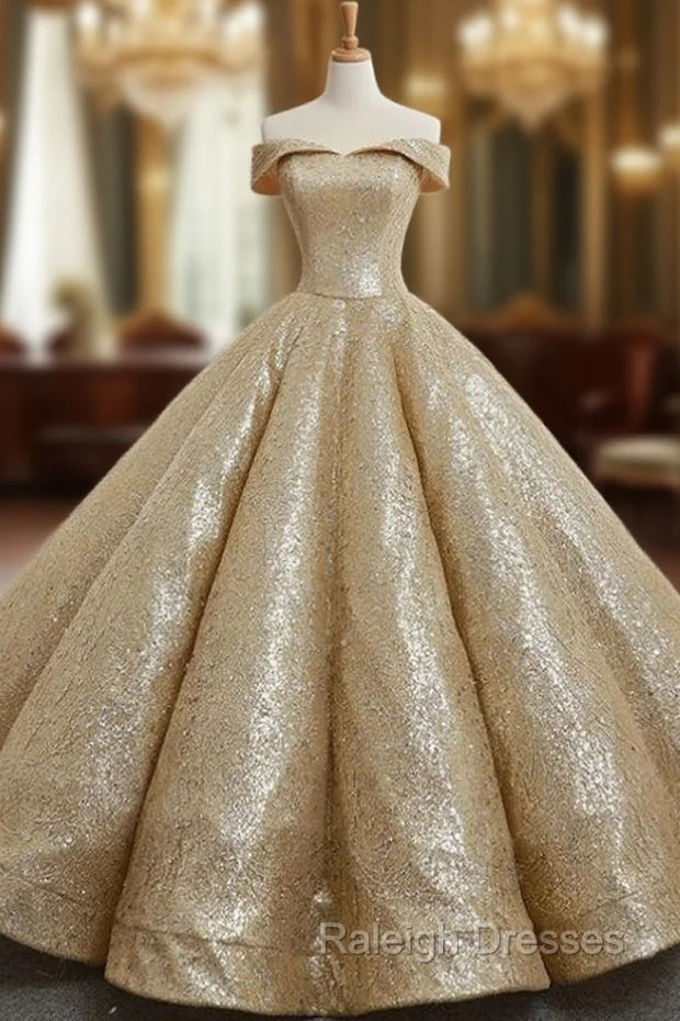 Gold Ball Gown Sequins Off The Shoulder Appliques Wedding Dress Main image