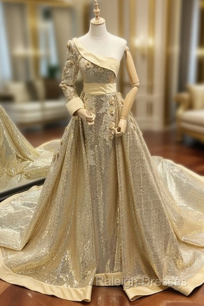 Gold Ball Gown Sequins One Shoulder Long Sleeve Appliques Prom Dress Main image
