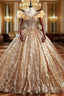 Gold Ball Gowns Sequins Scoop Neck Quinceanera Dress