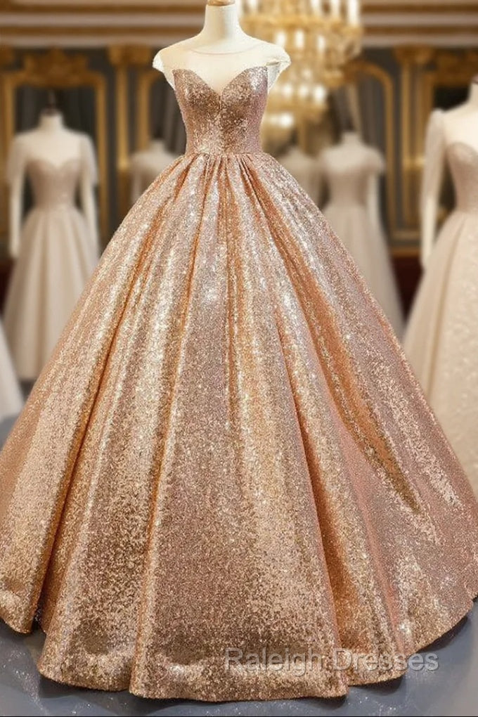 Gold Ball Gown Seuqins Cap Sleeve Long Floor Length Prom Dress