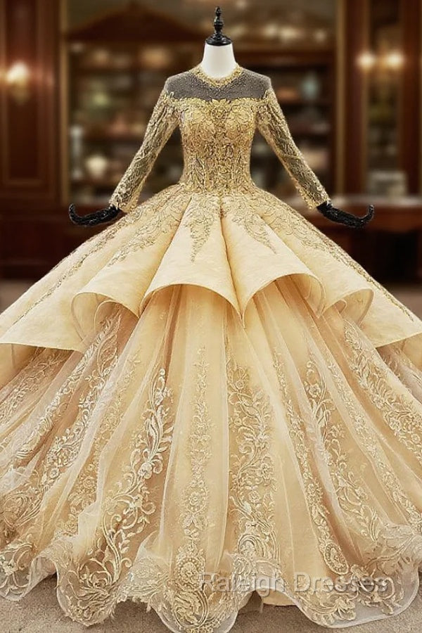 Gold Ball Gown Tulle Long Sleeve Appliques Backless Wedding Dress