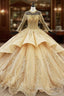 Gold Ball Gown Tulle Long Sleeve Appliques Backless Wedding Dress
