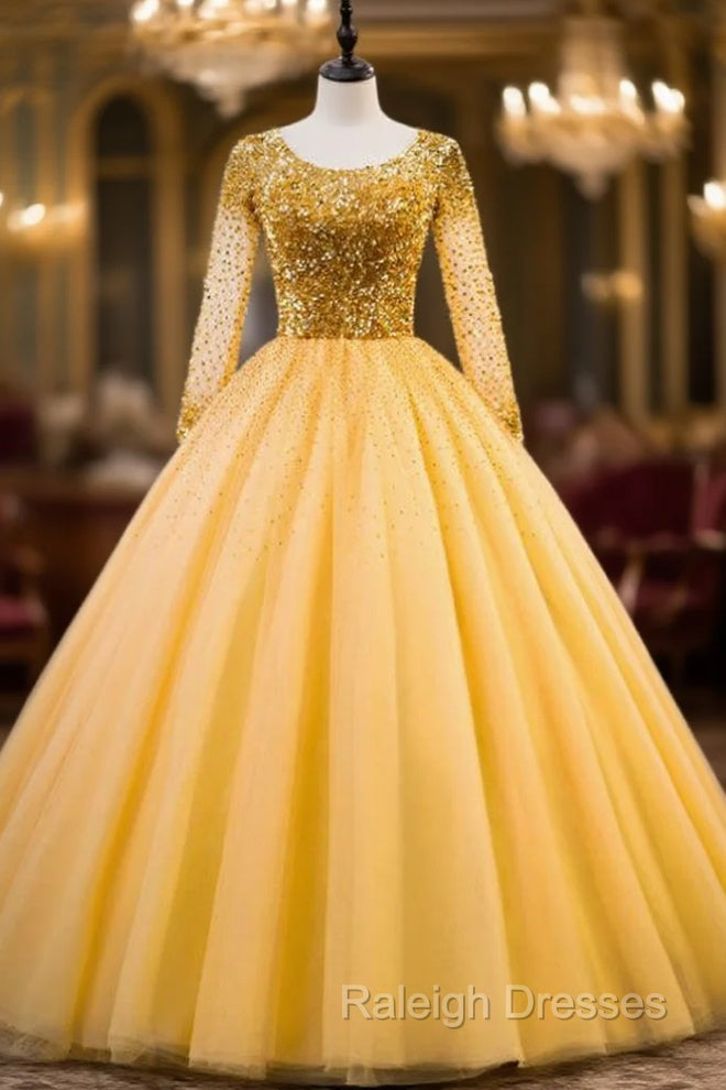 Gold Ball Gown Tulle Sequins Long Sleeve Backless Quinceanera Dress