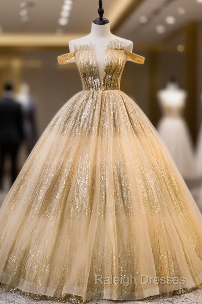 Gold Ball Gown Tulle Sequins Off the Shoulder Pleats Quinceanera Dress