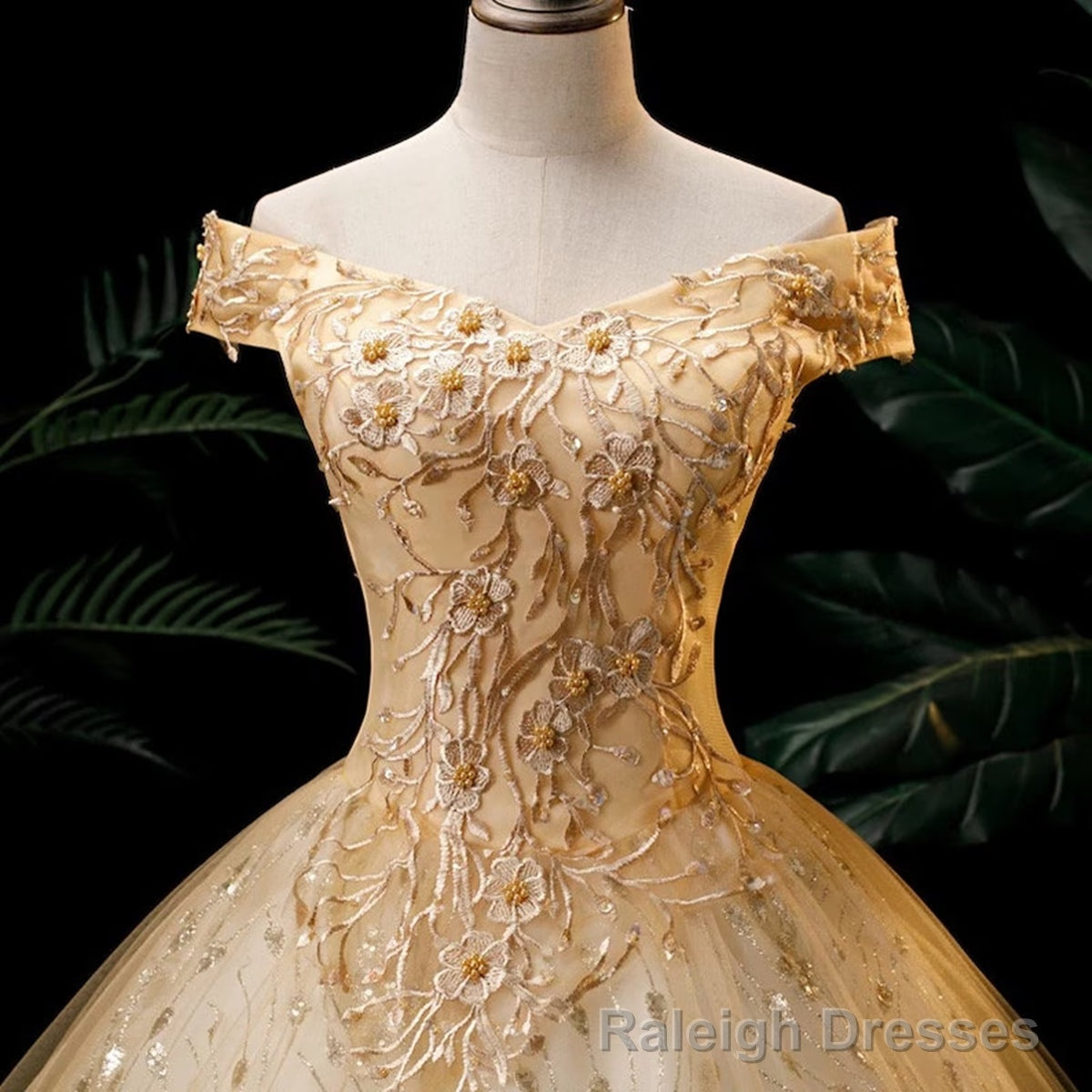 Gold Ball Gown Tulle with Lace Applique Formal Dress, Gold Sweet 16 Dress Secondary image