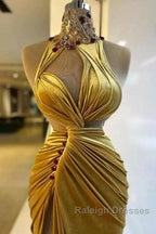 Gold Evening Dresses Sheath High Collar Velvet Beaded Slit Long Turkey Dubai Saudi Arabic Evening Gown Prom Dresses