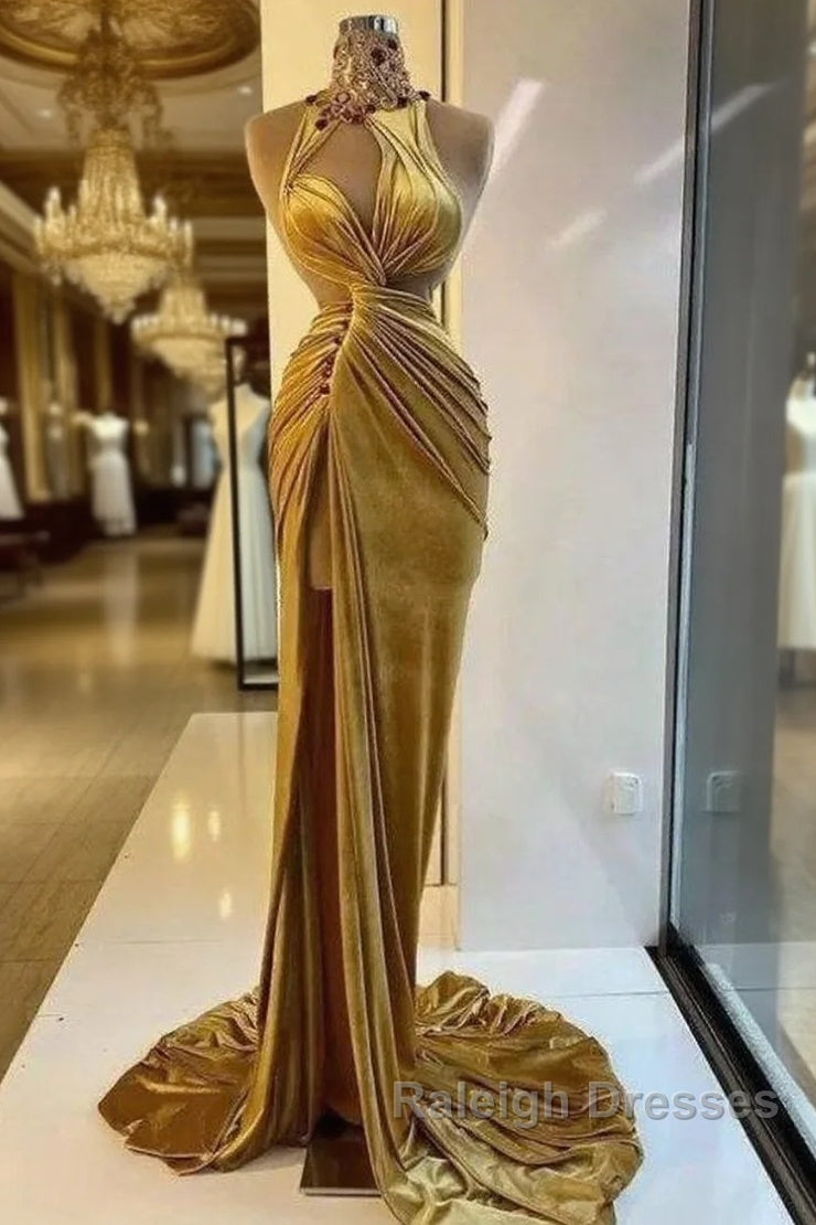 Gold Evening Dresses Sheath High Collar Velvet Beaded Slit Long Turkey Dubai Saudi Arabic Evening Gown Prom Dresses Main image