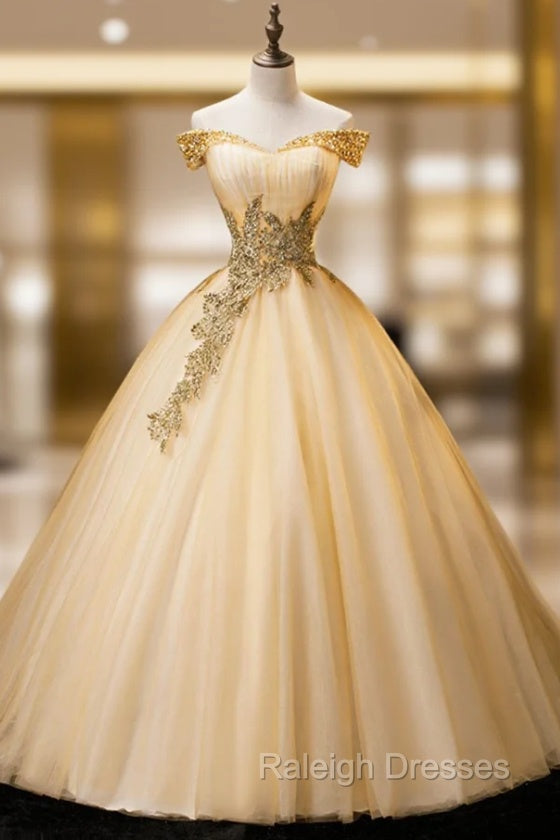 Gold Floor Length Tulle Beading Formal Dress, Lovely Off the Shoulder Evening Party Dress Main image