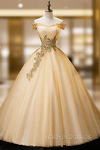 Gold Floor Length Tulle Beading Formal Dress, Lovely Off the Shoulder Evening Party Dress