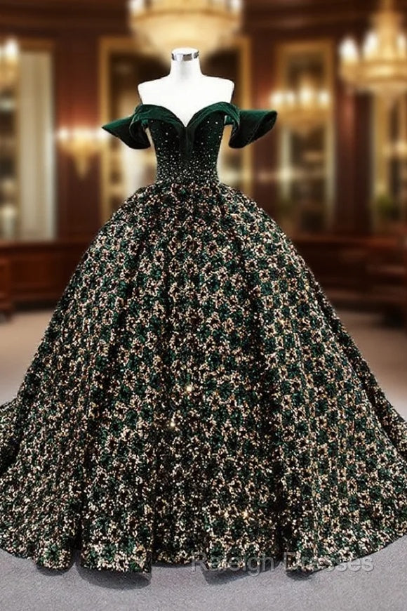 Gold Green Ball Gown Sequins Off the Shoulder Prom Dress