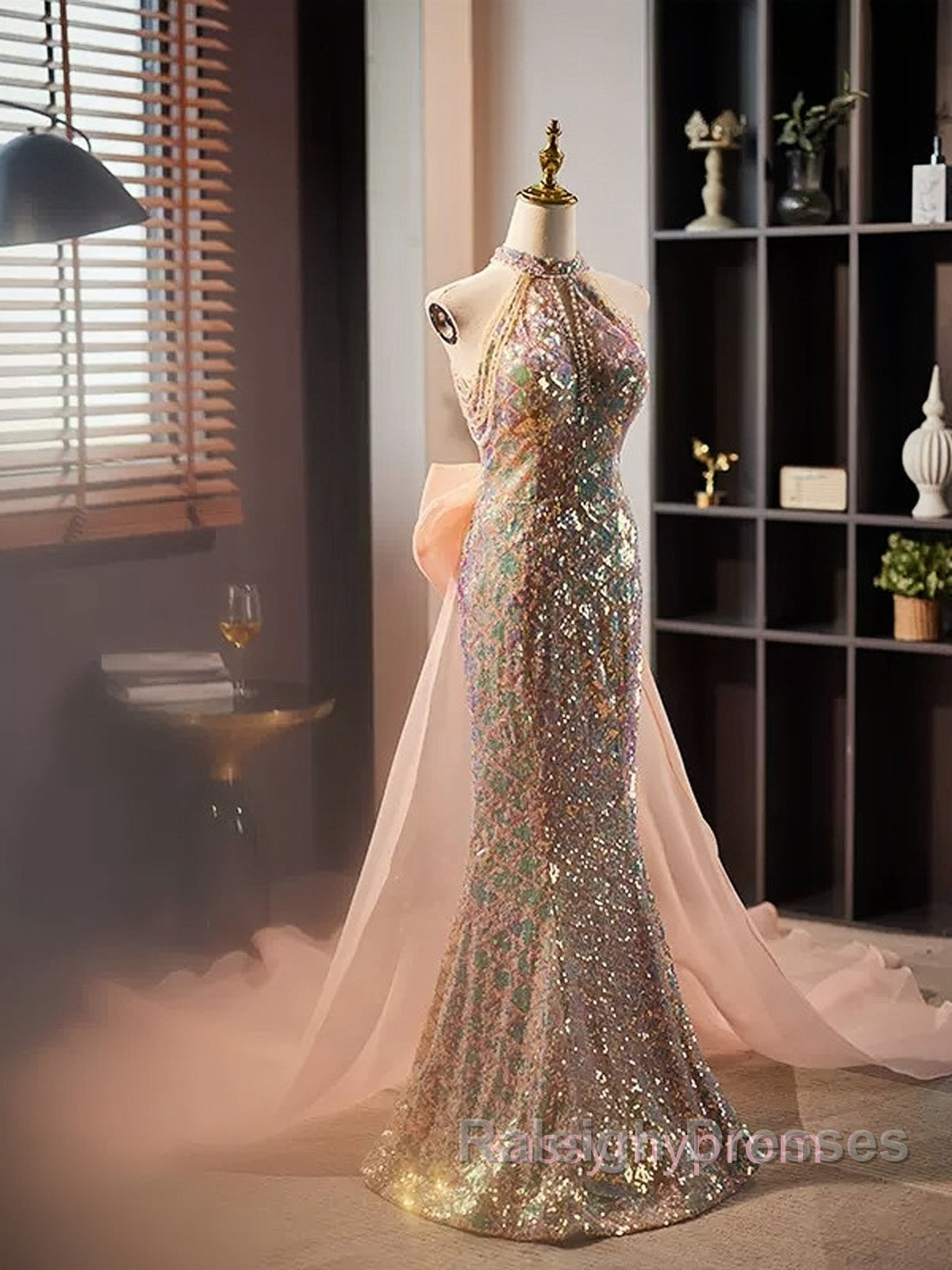 Gold Halter Beading Sequin Mermaid Prom Dresses With Detachable Bow