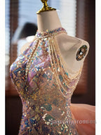 Gold Halter Beading Sequin Mermaid Prom Dresses With Detachable Bow