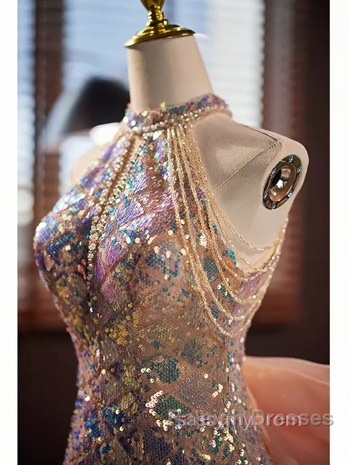 Gold Halter Beading Sequin Mermaid Prom Dresses With Detachable Bow