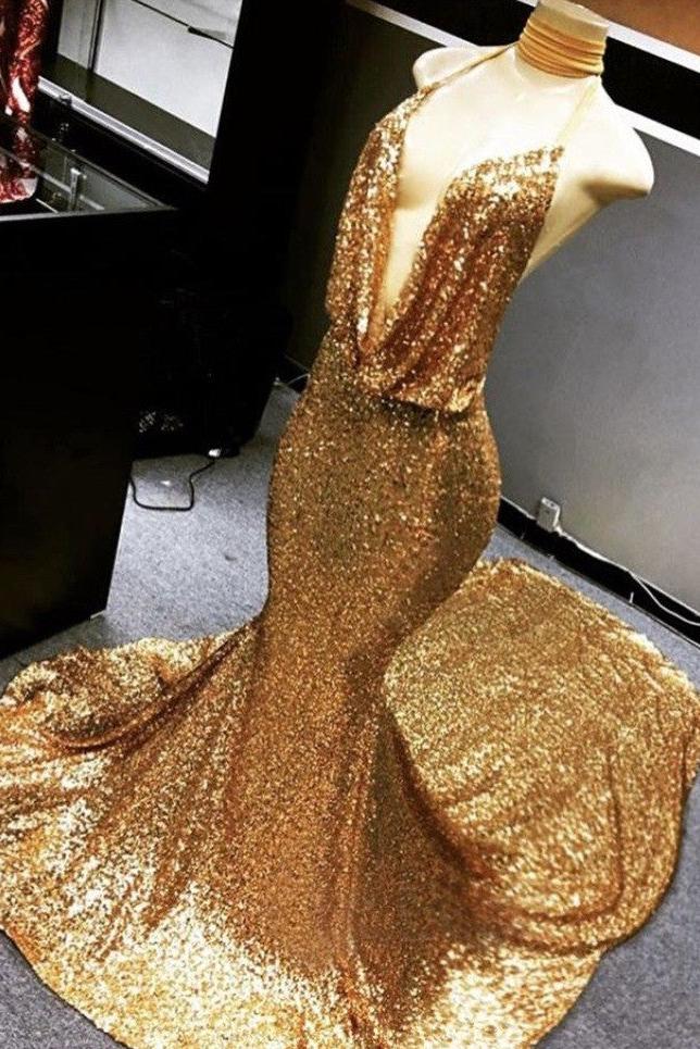 Gold Halter V-Neck Mermaid Charming Sequined Deep Flow Neck Prom Party Gowns