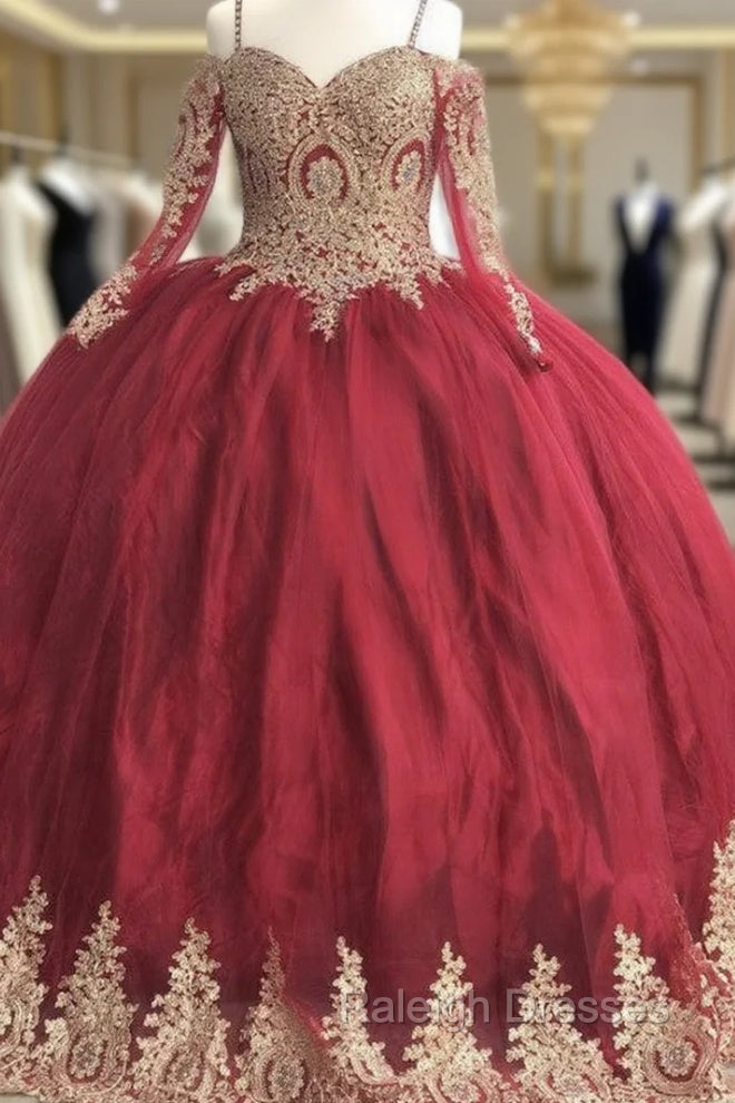 Gold Lace Charro Quinceanera Dress Long Sleeve Off The Shoulder Main image