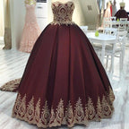 Gold Lace Edge Sweetheart Wine Red Ball Gown