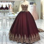 Gold Lace Edge Sweetheart Wine Red Ball Gown