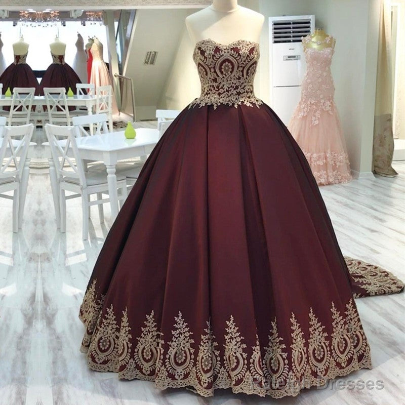 Gold Lace Edge Sweetheart Wine Red Ball Gown