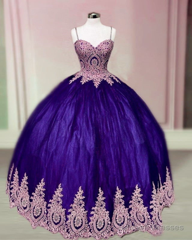 Gold Lace Sweetheart Ball Gowns Spaghetti Strap Dress