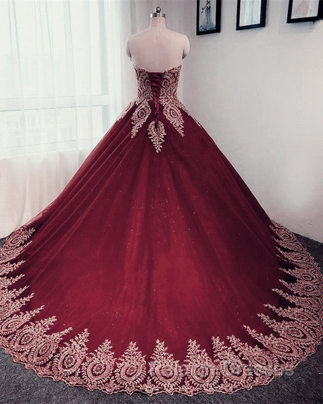 Gold Lace Sweetheart Tulle Ball Gown Quinceanera Dresses