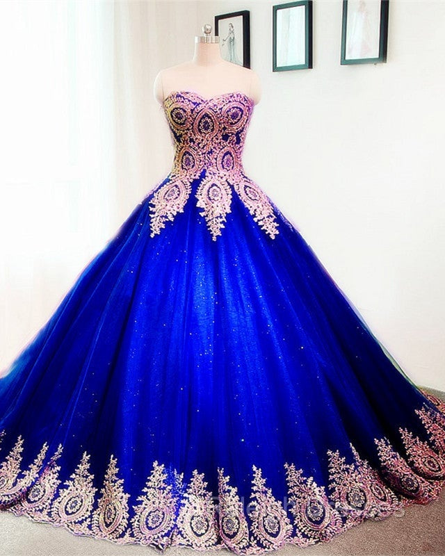 Gold Lace Sweetheart Tulle Ball Gown Quinceanera Dresses