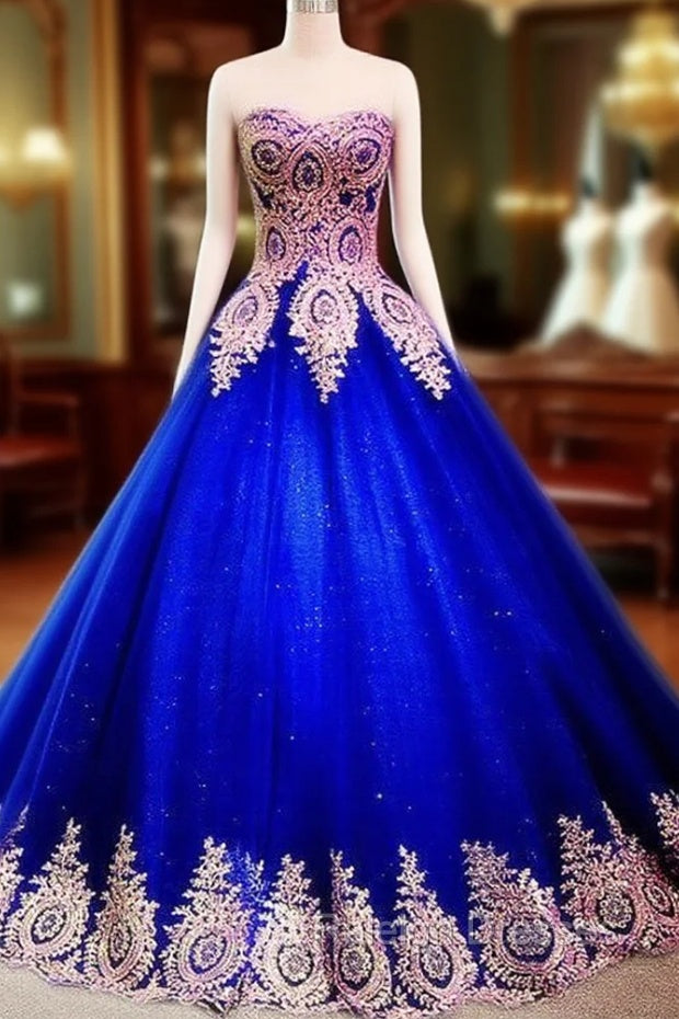Gold Lace Sweetheart Tulle Ball Gown Quinceanera Dresses