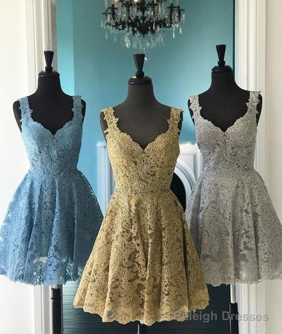 Gold Lace V Neck Knee Length Prom Homecoming Dresses