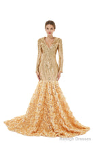 Mermaid Long Sequined Bling Full Sleeves Floral Skirt Prom Dresses