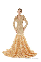 Mermaid Long Sequined Bling Full Sleeves Floral Skirt Prom Dresses