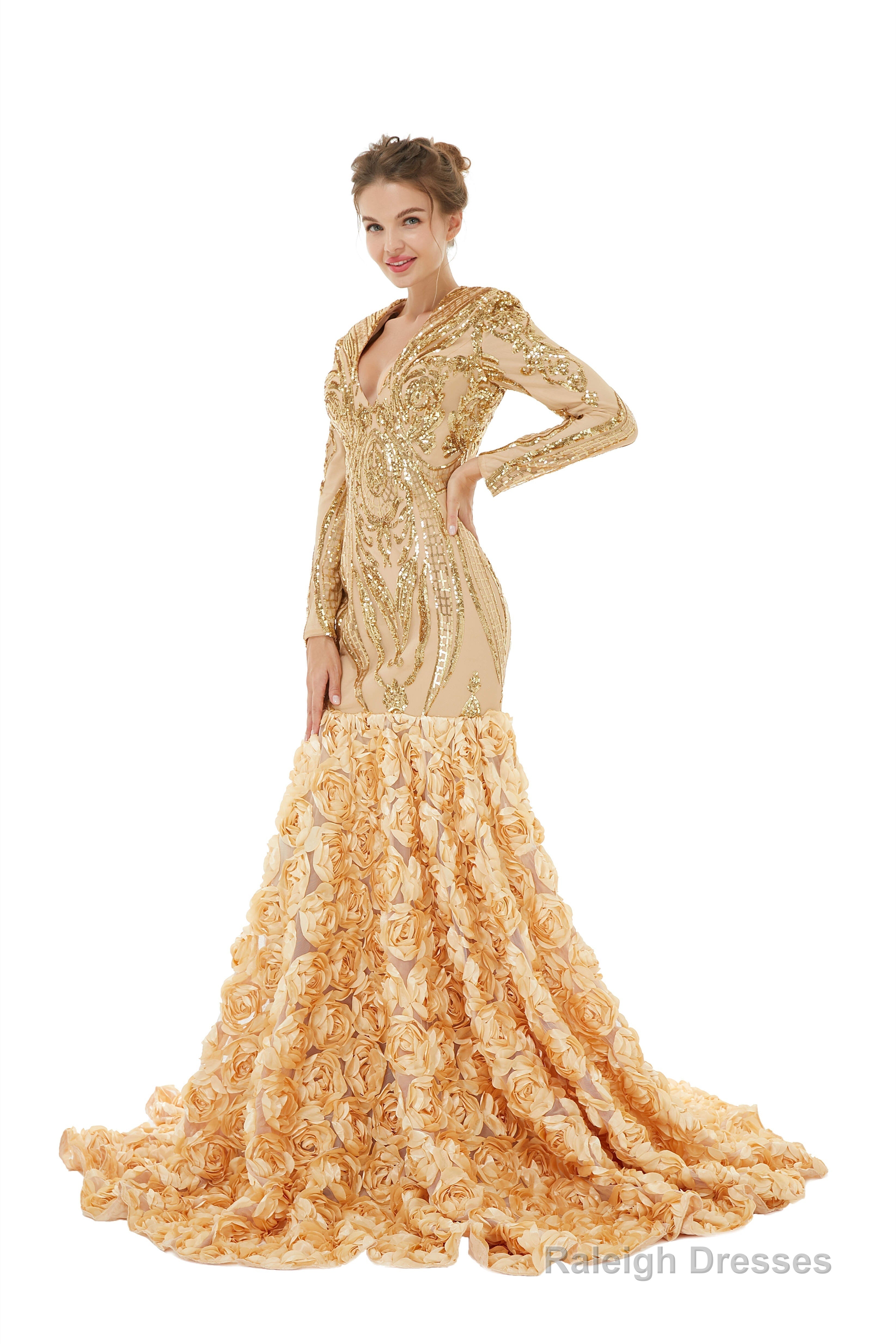 Mermaid Long Sequined Bling Full Sleeves Floral Skirt Prom Dresses