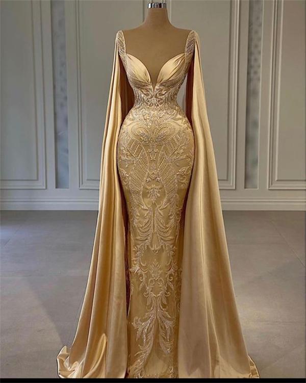 Gold Mermaid Prom Dress With Wrap Beaded Lace Appliqued Prom Dresses Prom Second Reception Gown Plus Size Main image