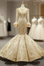 Gold Mermaid Satin Lace Appliques Long Sleeve Luxury Prom Dress